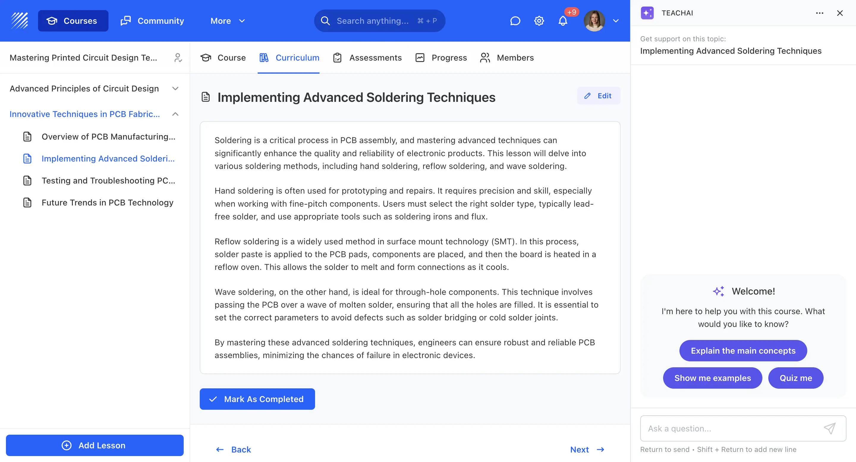 AI Assistant app inside the Teachfloor dashboard