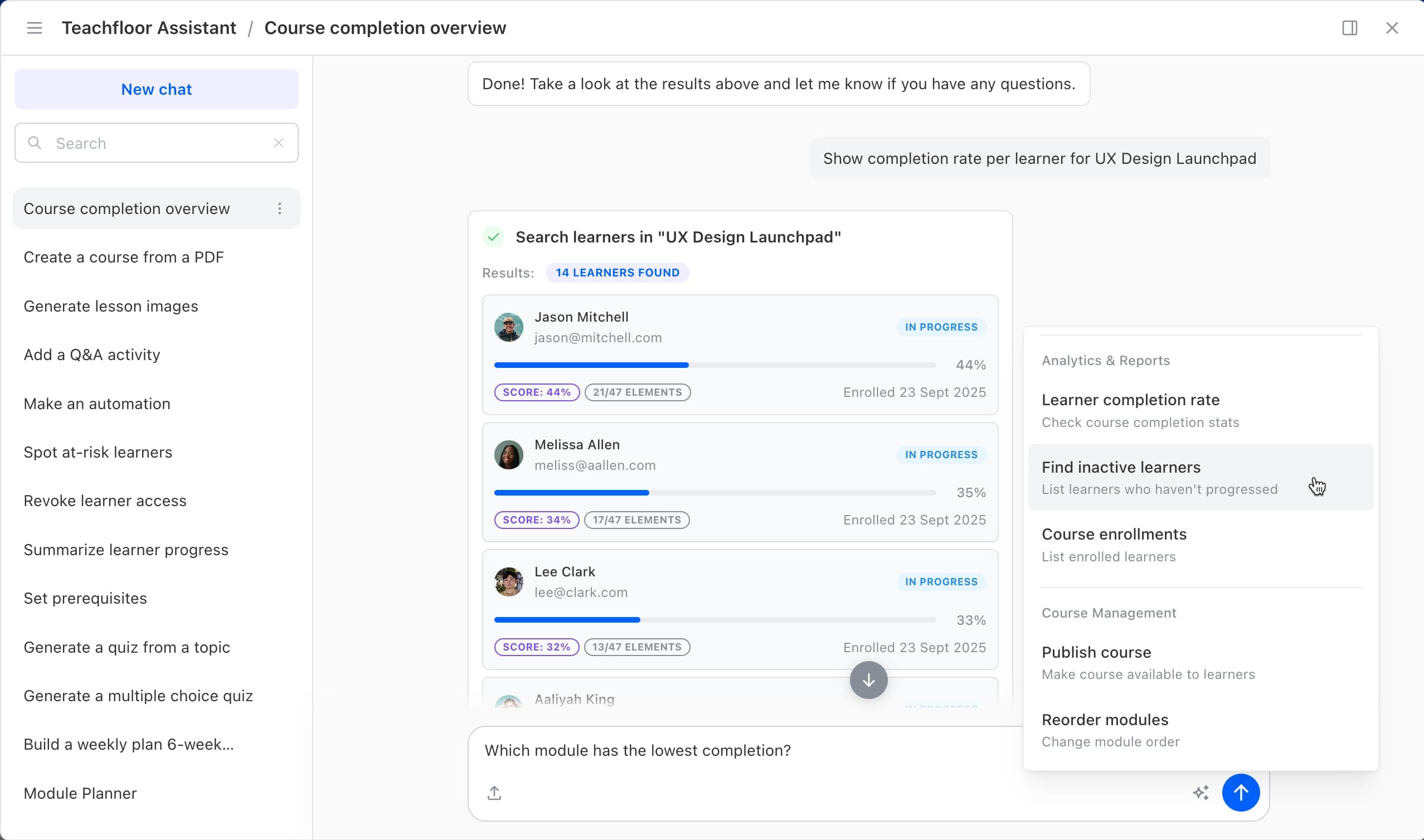 Teachfloor AI tools showing course generation, feedback drafting, and learner assistance