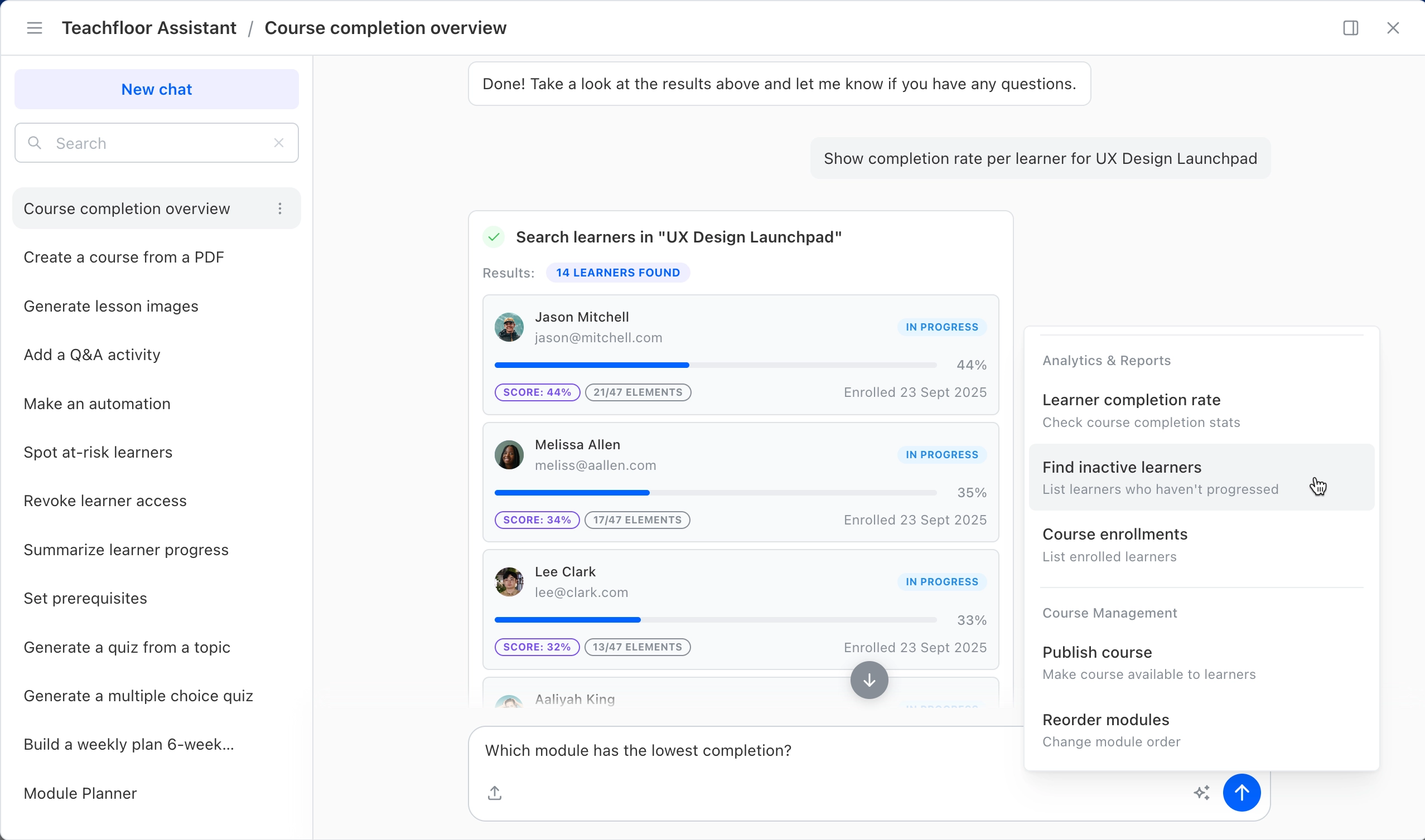 Teachfloor AI tools showing course generation, feedback drafting, and learner assistance