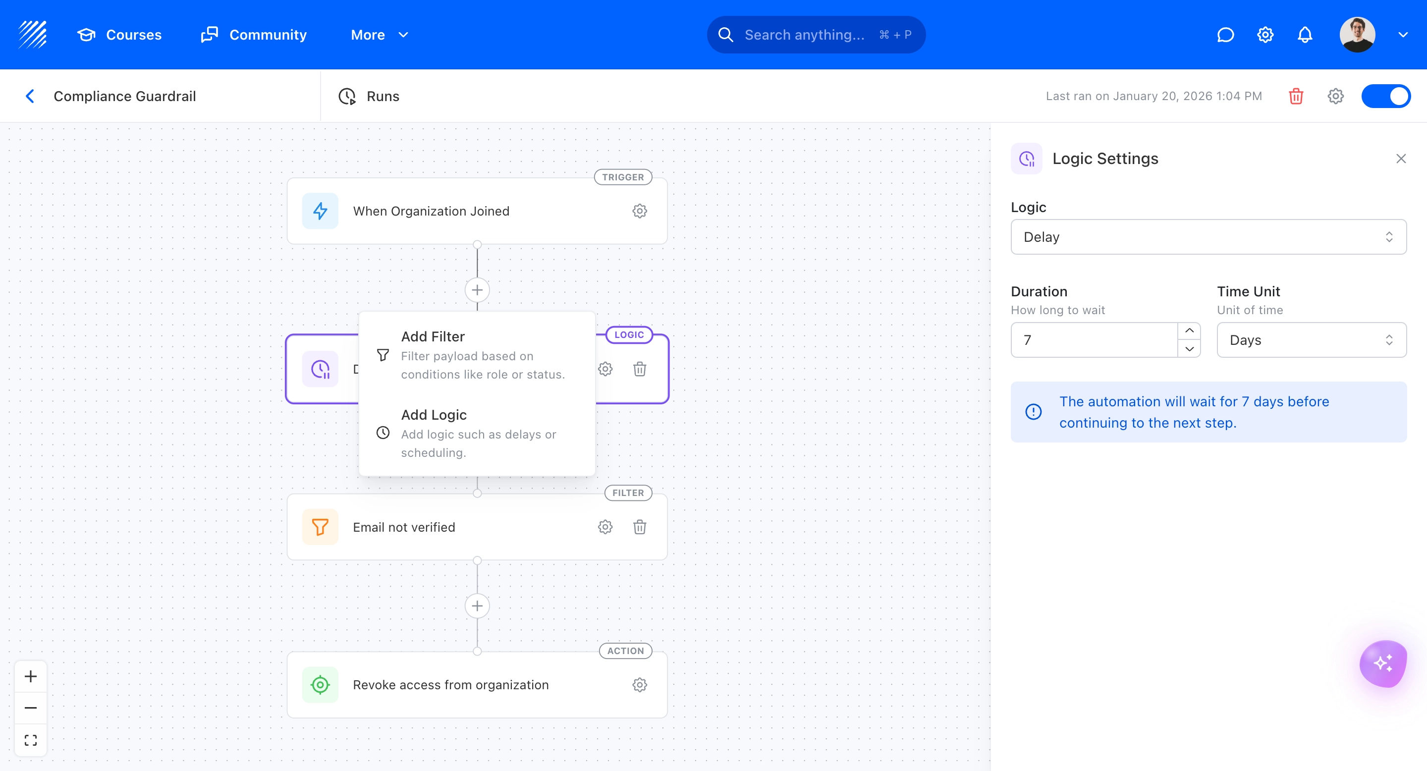 Teachfloor automation builder showing a visual workflow with triggers, filters, and actions