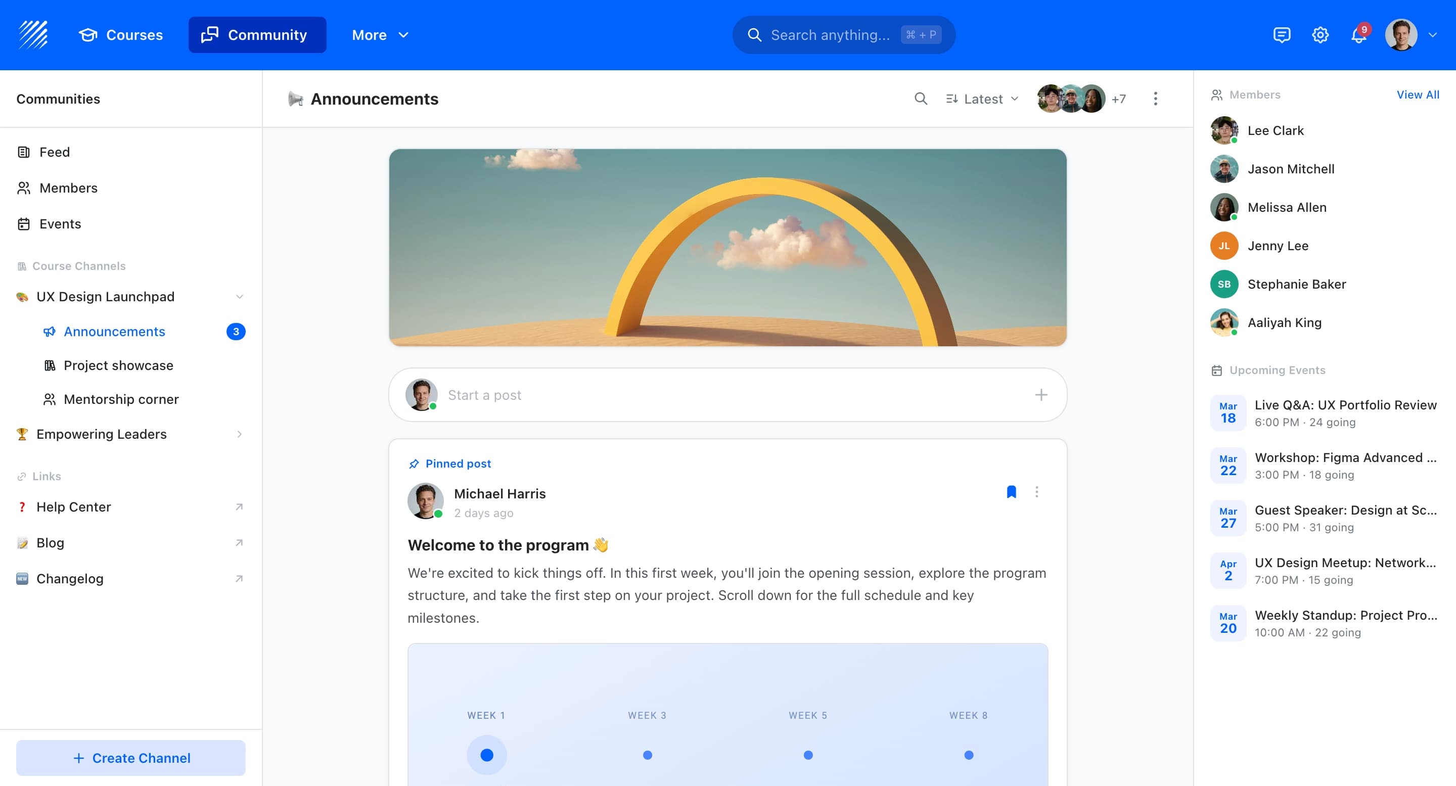 Teachfloor community feed with channels, discussions, and member interactions
