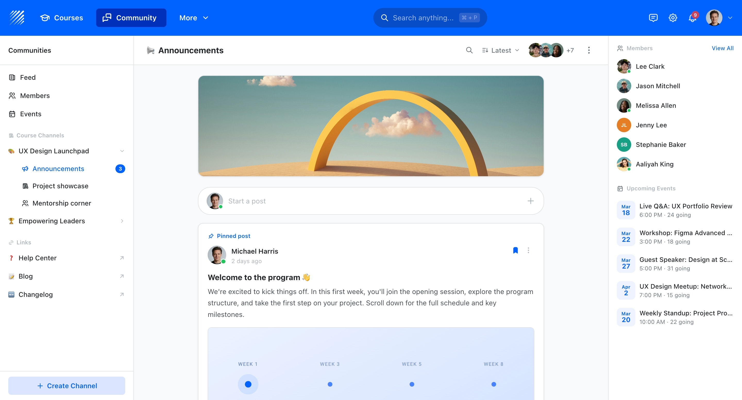 Teachfloor community feed with channels, discussions, and member interactions