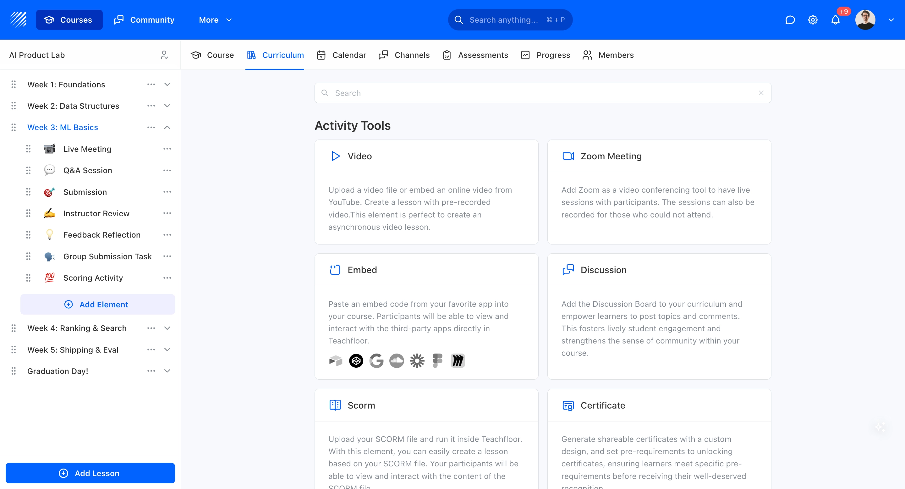 Teachfloor course builder showing curriculum editor with lessons, activities, and assessments