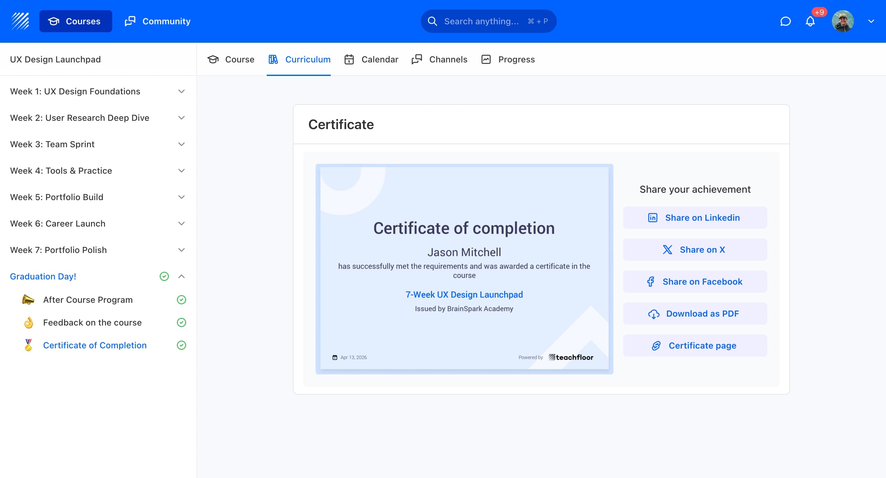 Teachfloor quiz builder showing question types, auto-grading, and learner results