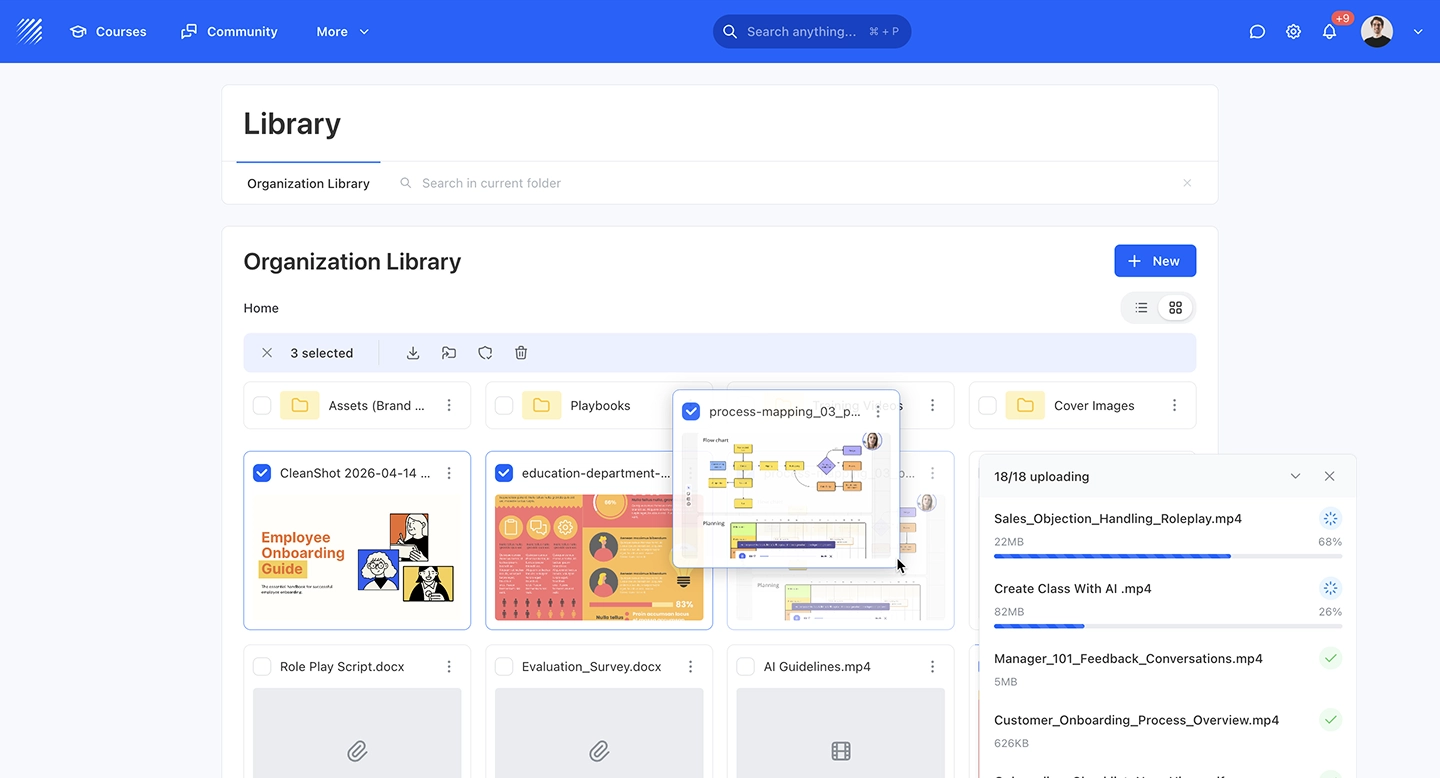 Teachfloor resource library showing searchable content repository with files, videos, and documents
